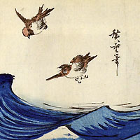 波上を飛ぶ二羽の雀